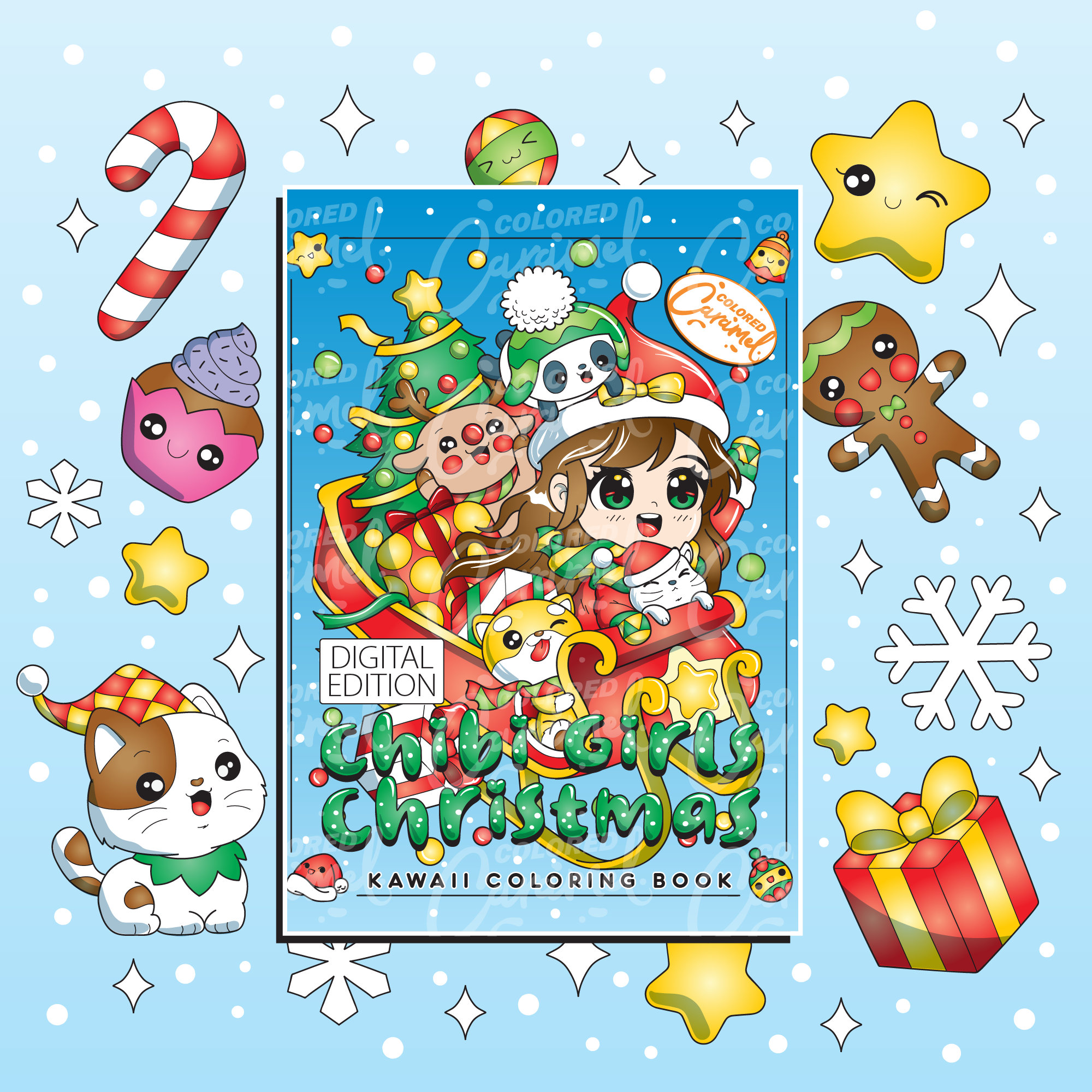 Chibi Girls Christmas Kawaii Coloring Book, Printable Instant Digital Download PDF, Colorable Pages with Cute, Joyful ,Festive Santa Dolls