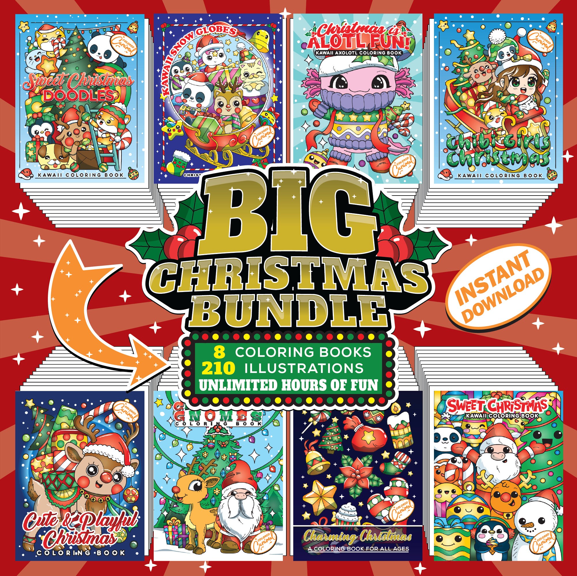 Big Christmas Coloring Books Bundle Pack of 8, Printable Instant Digital Download PDF, Cute Set of 210 Colorable Pages for Adults and Kids