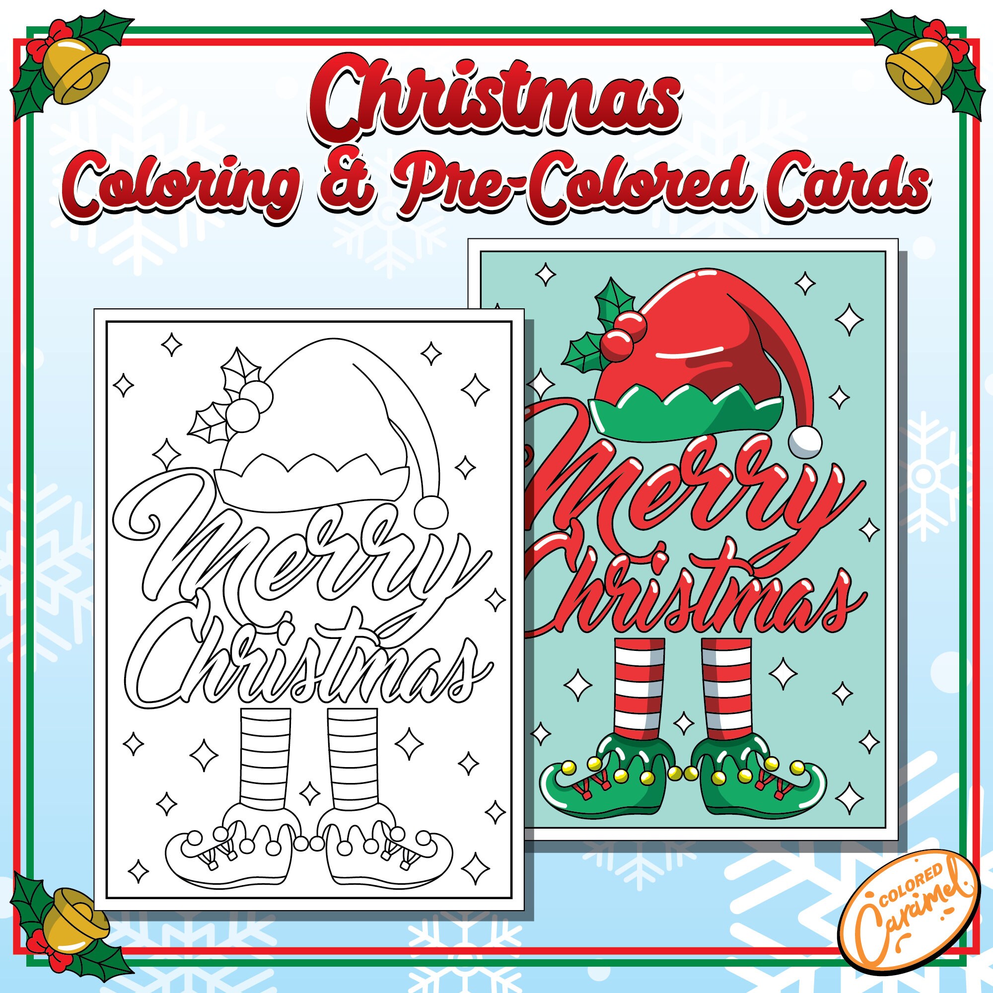 Merry Christmas Coloring Card, Colorable and Pre-colored Holiday Greeting Card, DIY Festive and Joyful Printable Instant Digital Download