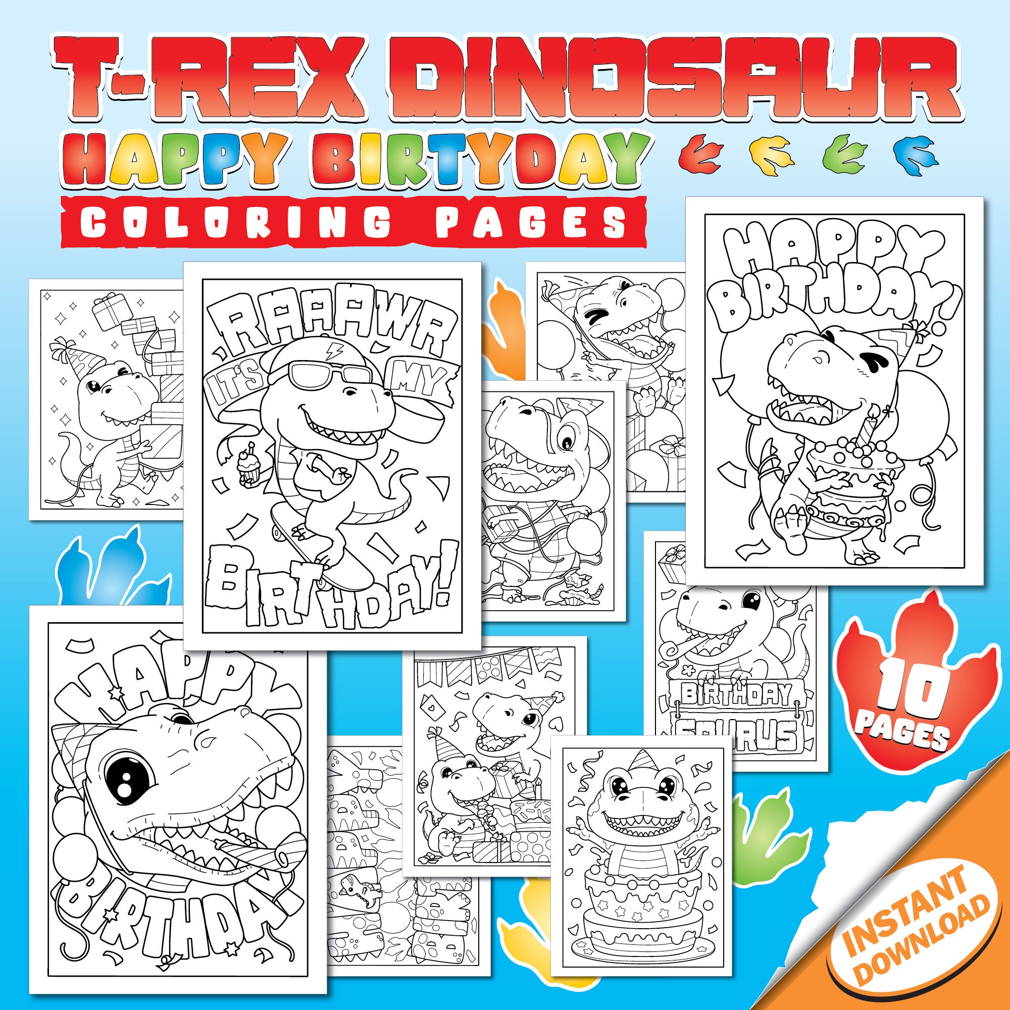 Happy Birthday T-rex Dinosaur Coloring Pages Boys Celebration Party, Rawtastic Printable Instant Digital Download PDF Sheets Illustrations