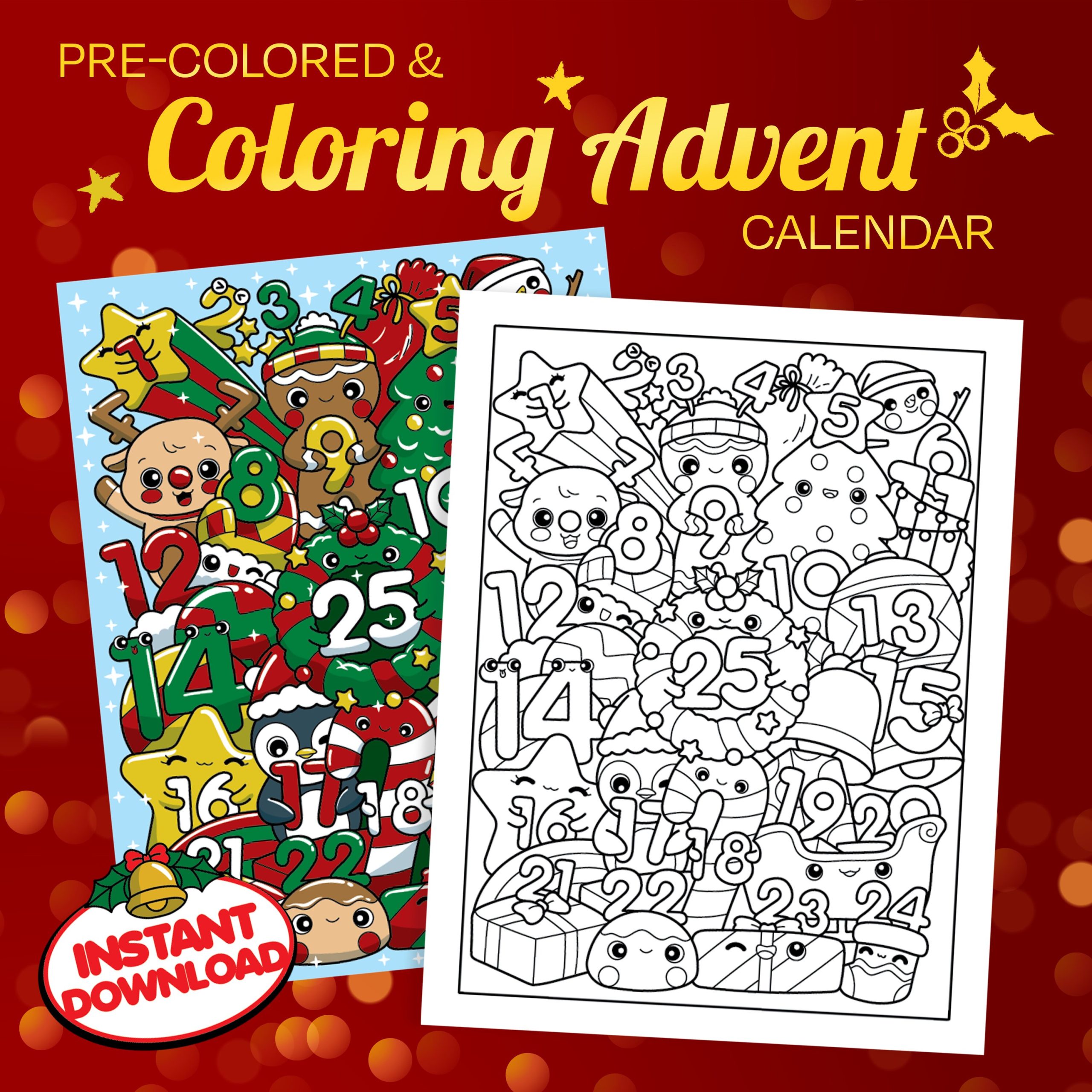 Coloring Christmas Advent Calendar with Kawaii Doodles, Instant Download Printable PDF, Countdown December Holiday Festive Color Page