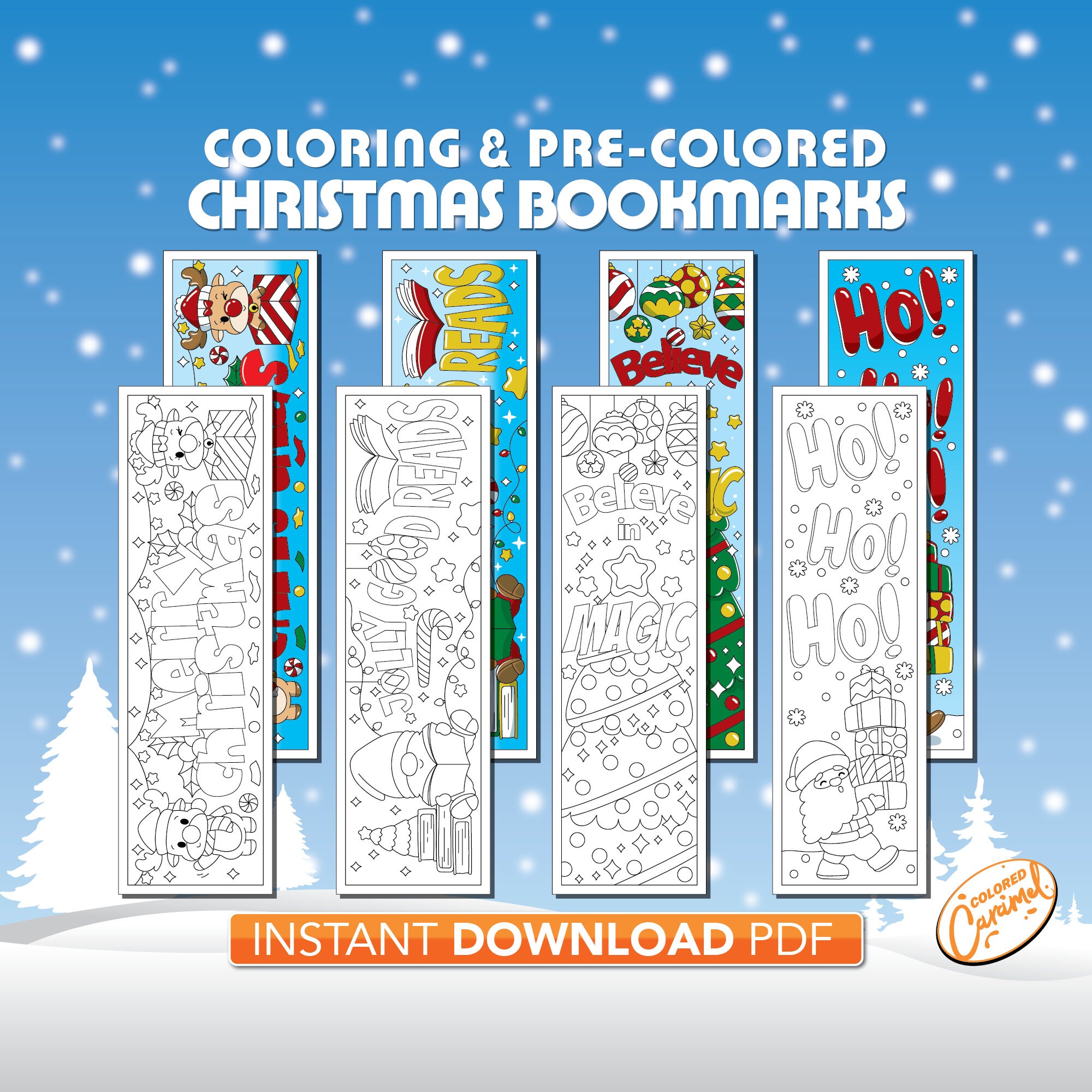 Coloring Christmas Bookmarks, December Holiday Festive Instant Digital Download PDF, Cute Set of Colorable DIY Make Your Marker for Book