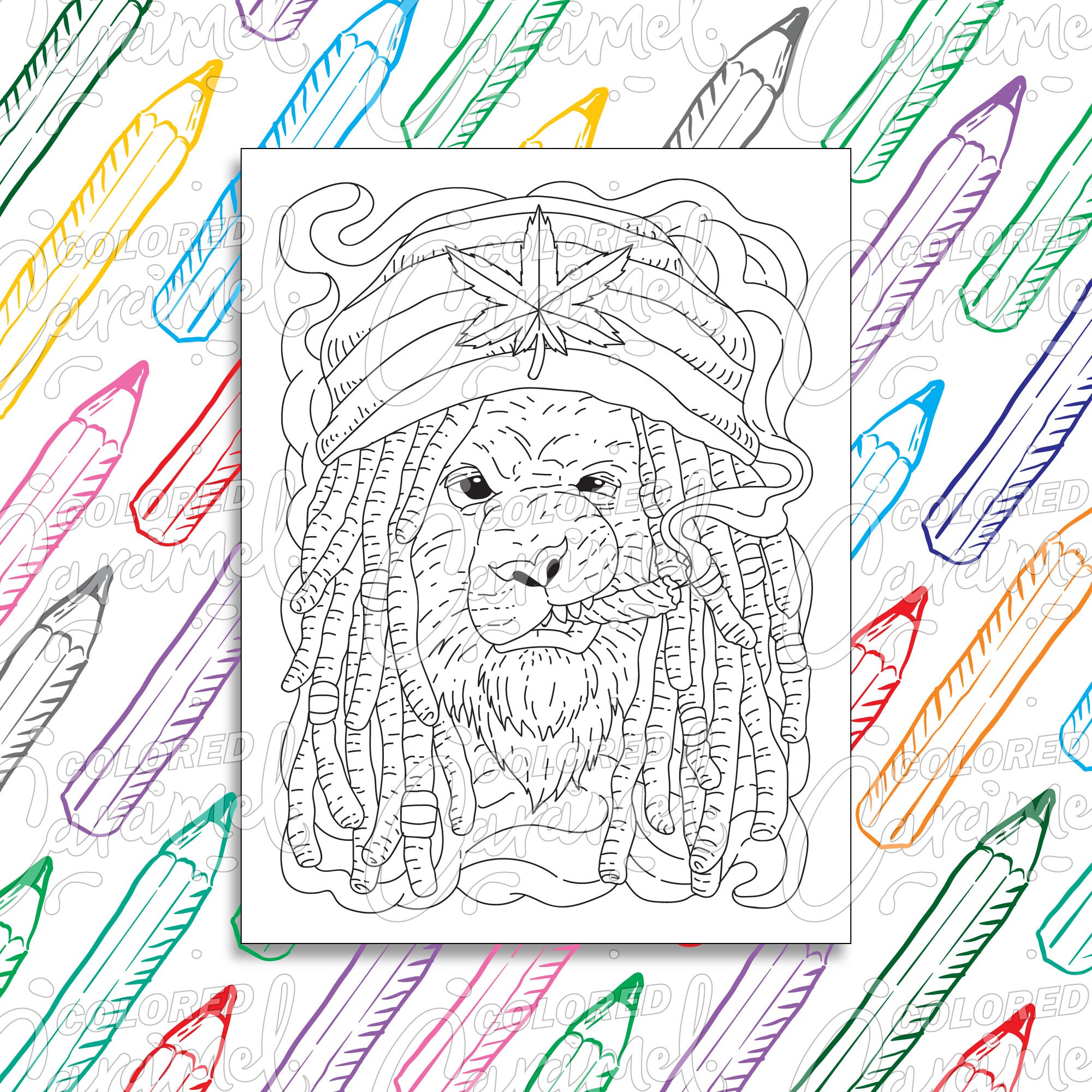 Stoner Coloring Page Digital Download PDF, Trippy, Funny and Cool Rasta Lion Smoking Weed, Printable Psychedelic Drawing & Illustration