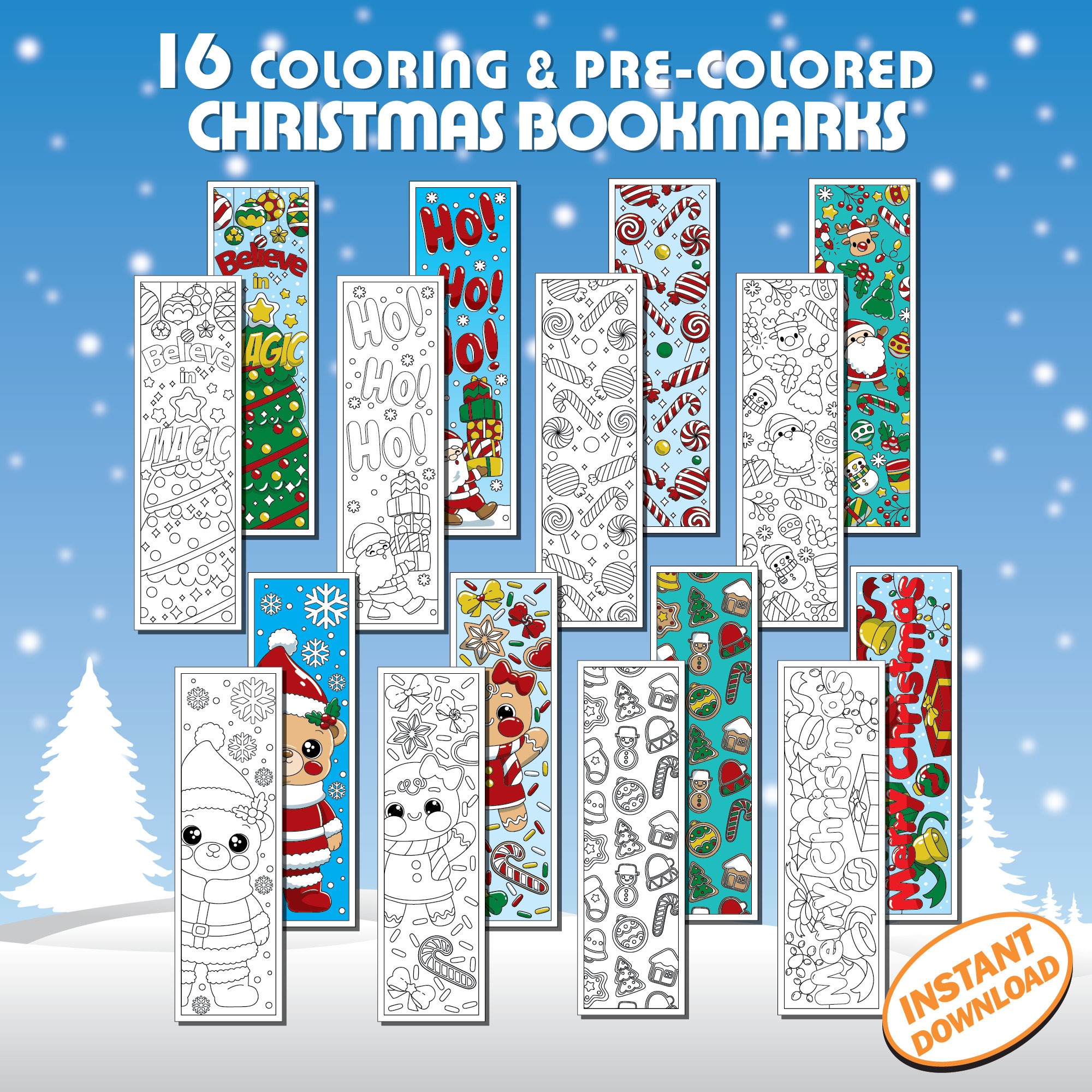 16 Coloring Christmas Bookmarks, December Holiday Festive Instant Digital Download PDF, Cute Set of Colorable DIY Make Your Marker for Book