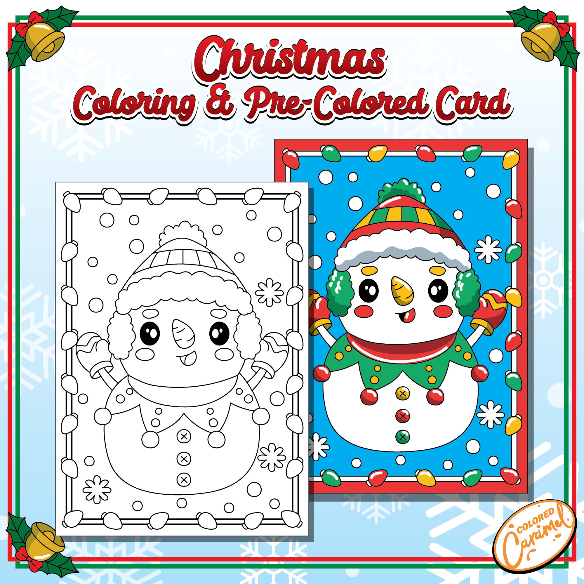 Merry Christmas Coloring Card for Kids, Colorable and Pre-colored Holiday Greeting Card, DIY Festive Printable Instant Digital Download