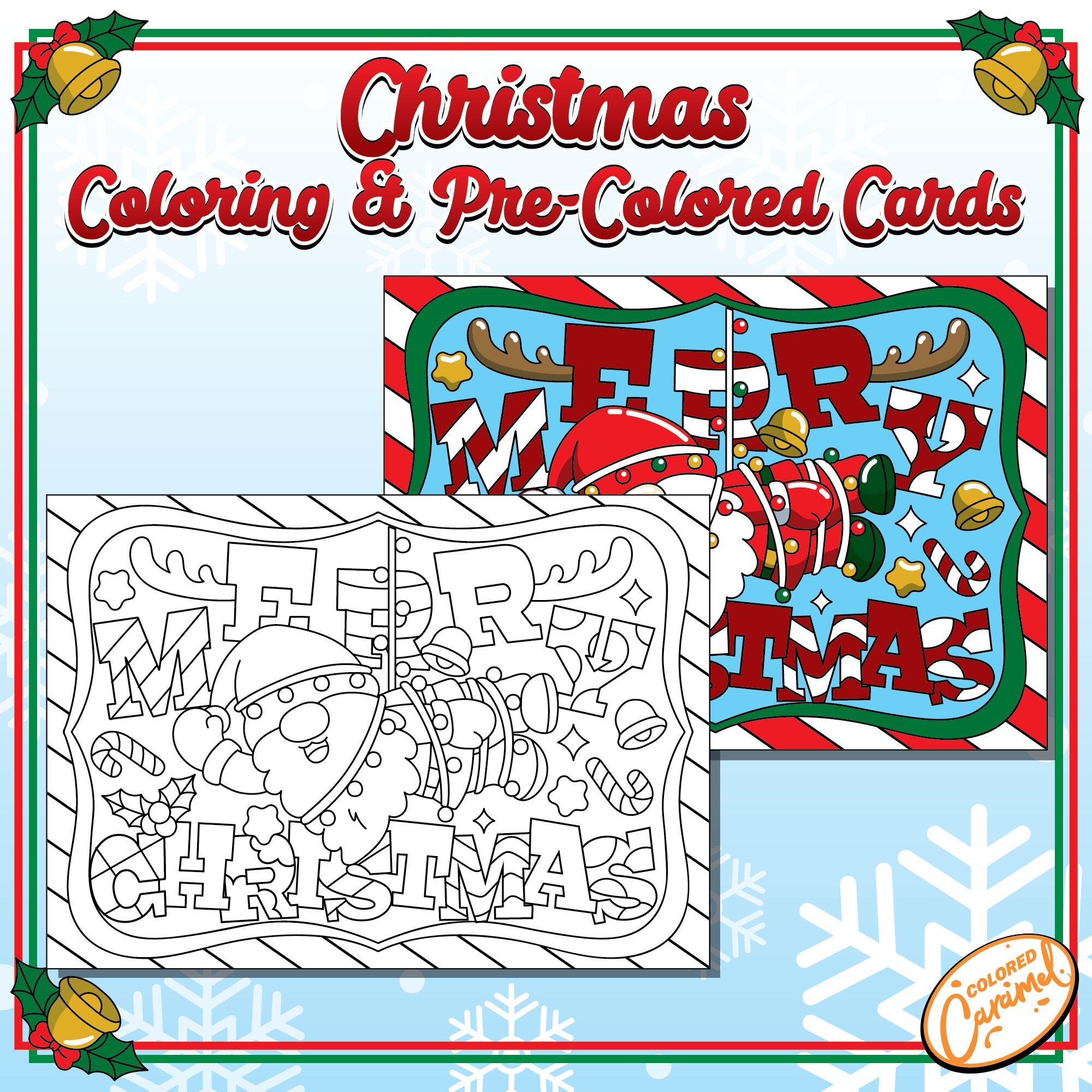 Christmas Gnomes Coloring Card, Colorable and Pre-colored Holiday Greeting Card, DIY Festive and Joyful Printable Instant Digital Download