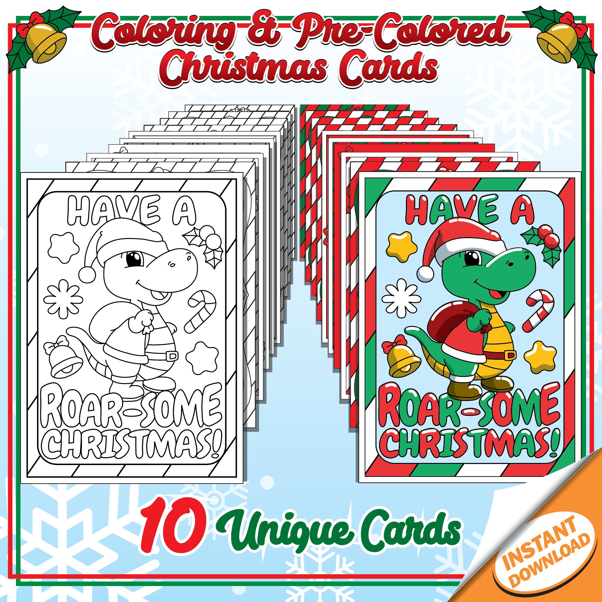 Christmas Coloring Cards for Kids, Set of 10 Colorable and Colored Holiday Greeting Cards, DIY Festive Printable Instant Digital Download