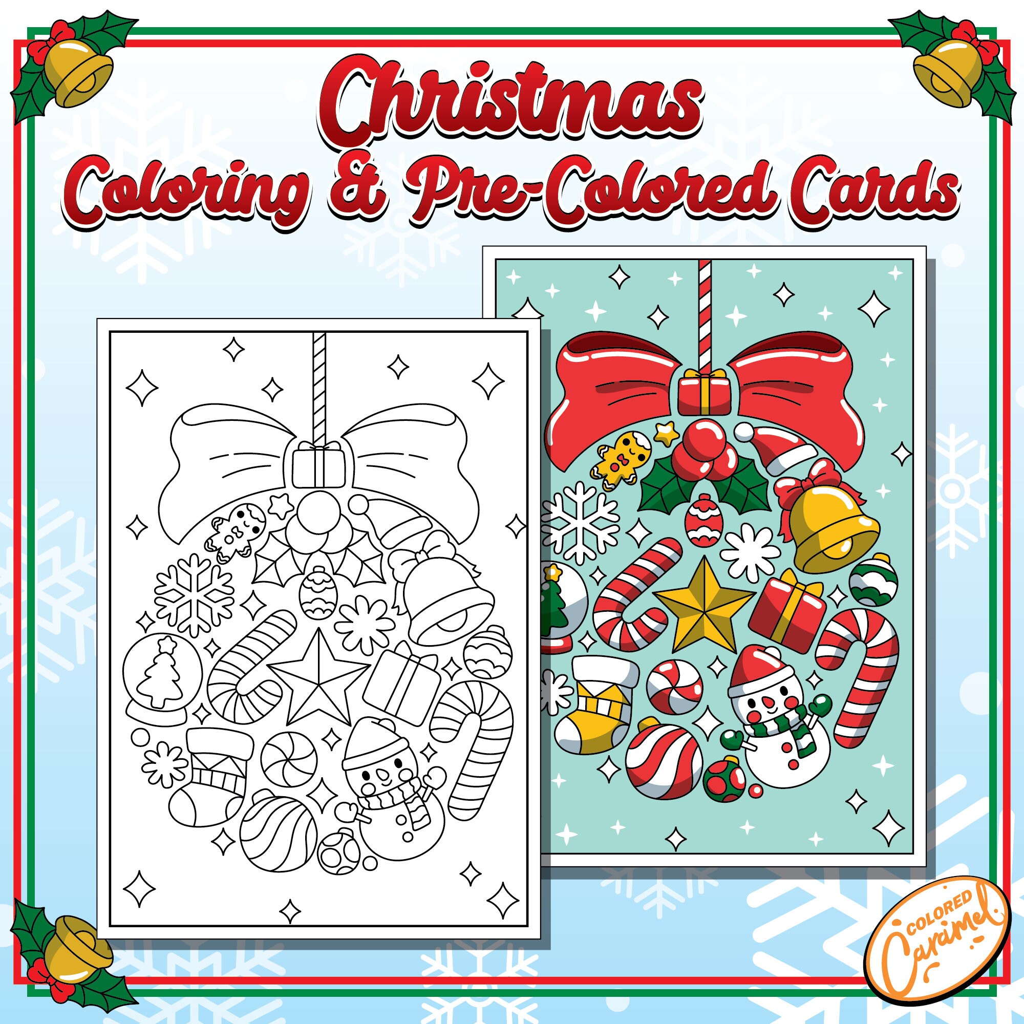 Merry Christmas Coloring Card, Colorable and Pre-colored Holiday Greeting Card, DIY Festive and Joyful Printable Instant Digital Download