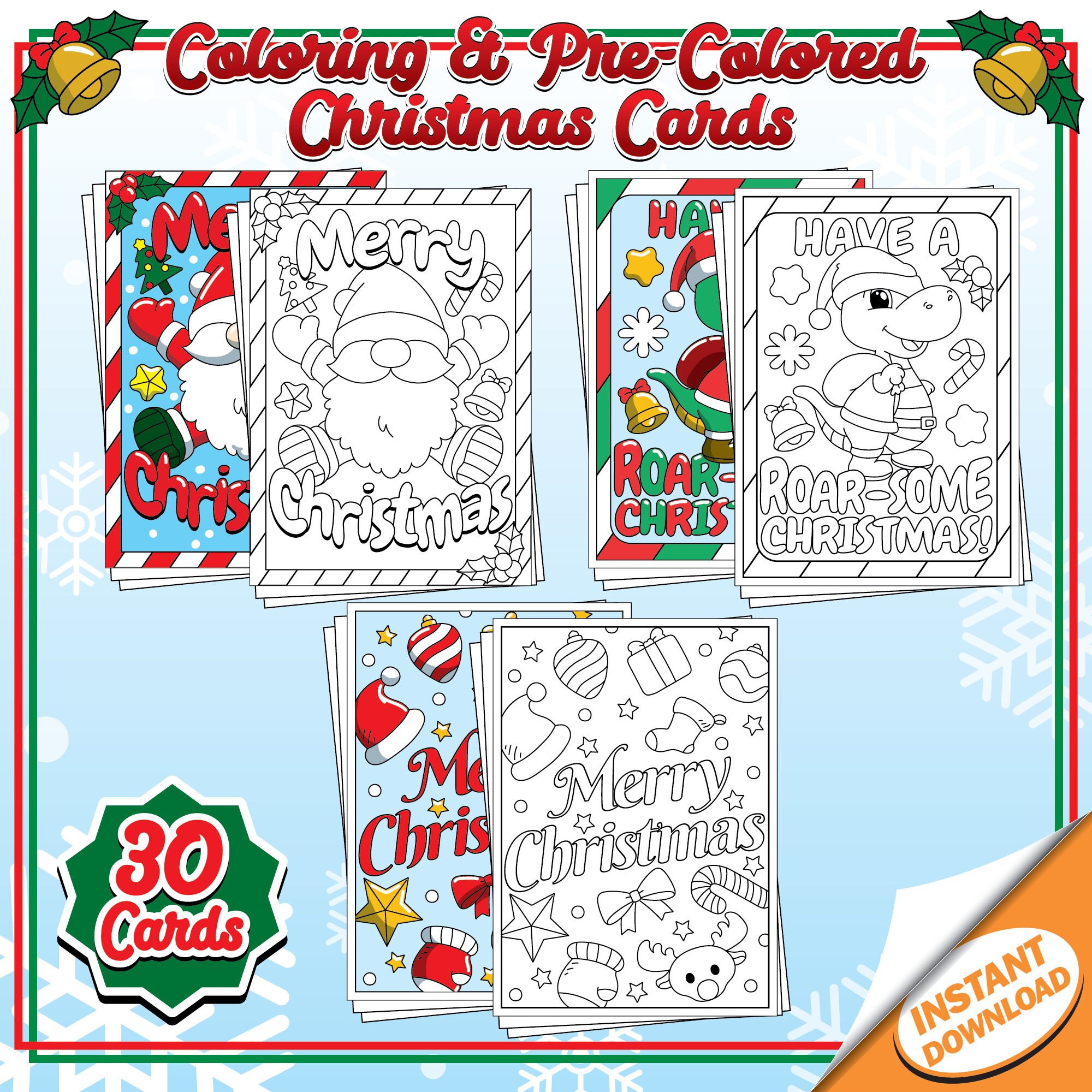 Merry Christmas Coloring Card, Set of 30 Colorable and Colored Holiday Greeting Cards, DIY Festive Printable Instant Digital Download
