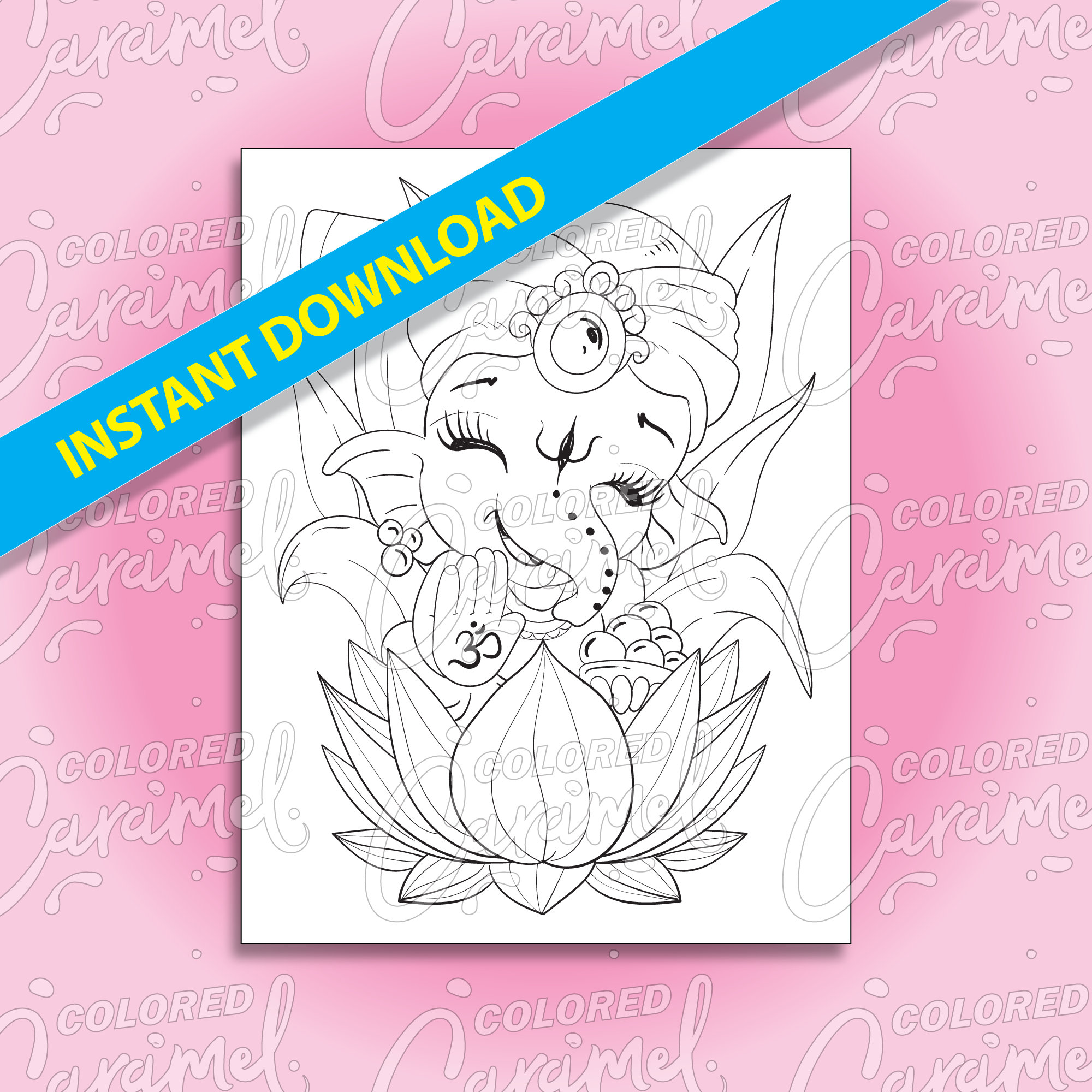 Ganesha Elephant Coloring Page Digital Download PDF, Beautiful Hindu Symbol and Lotus Flower Drawing & Illustration