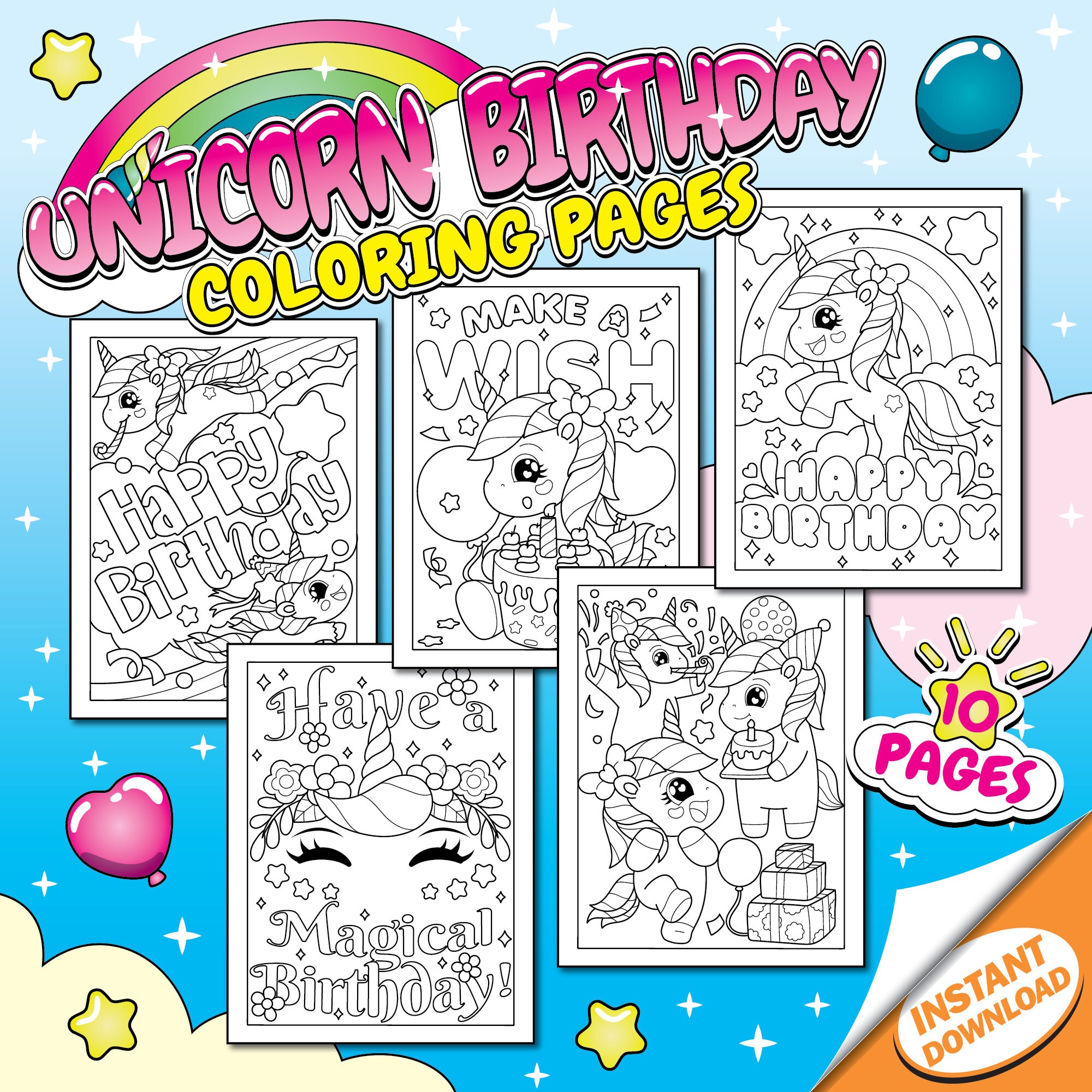 Happy Birthday Unicorn Coloring Pages for Girls Celebration Party, Cute Printable Instant Digital Download PDF Sheets Magical Illustrations