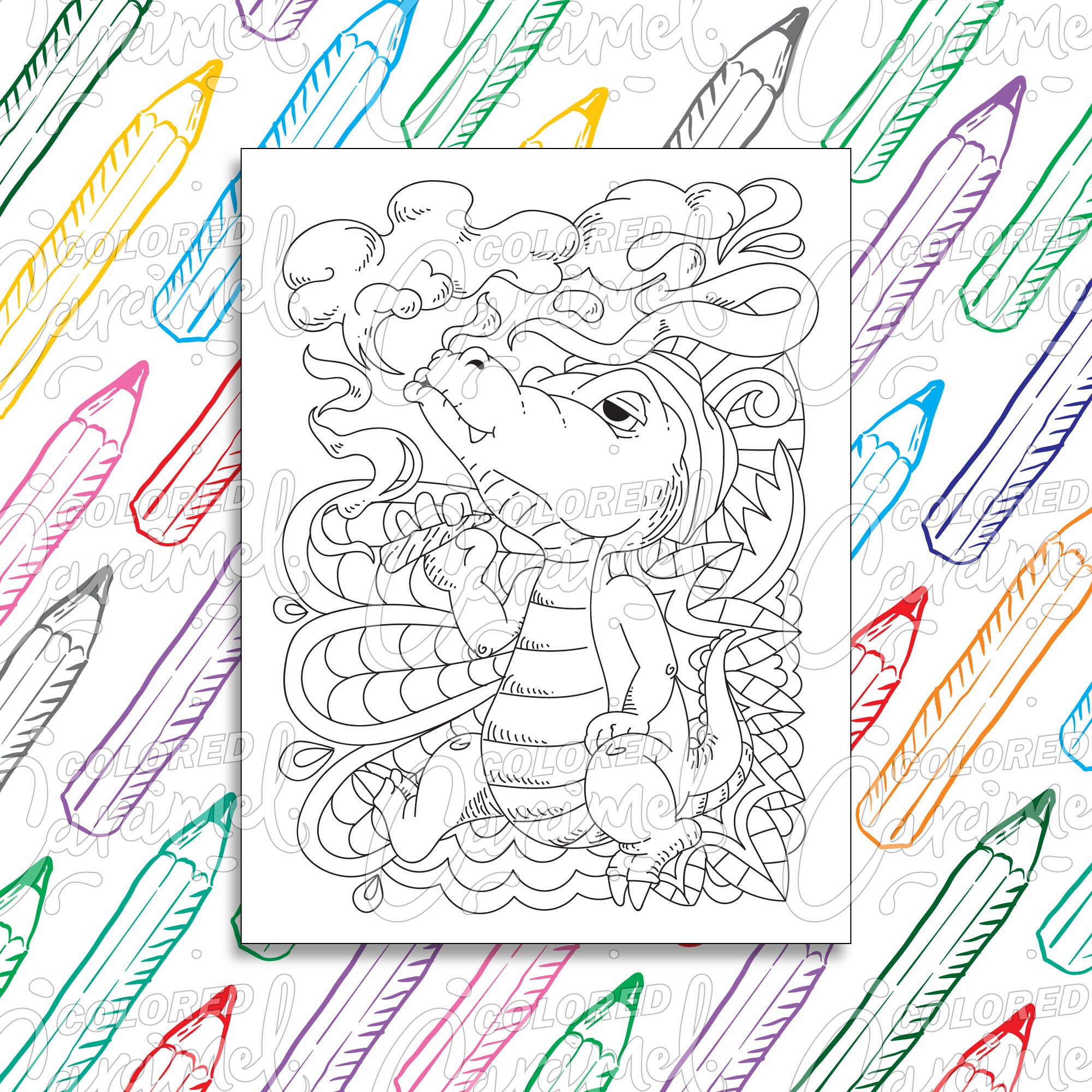 Stoner Coloring Page Digital Download PDF, Trippy, Funny and Cool Crocodile Smoking Weed, Printable Psychedelic Drawing & Illustration