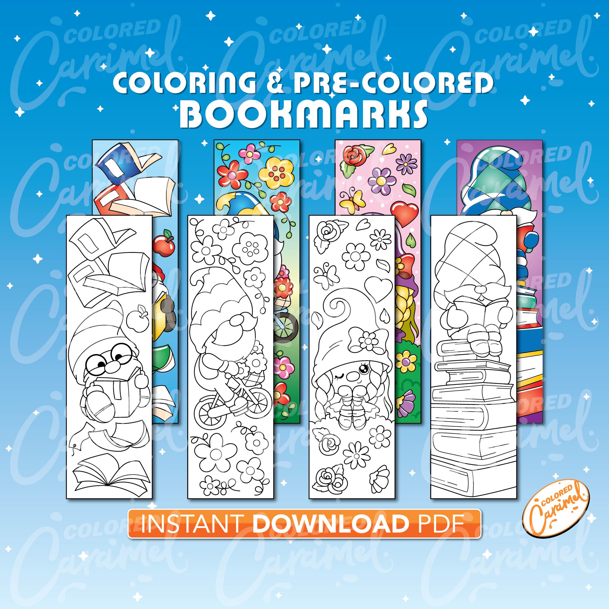 Gnome Coloring Bookmarks, Printables Instant Digital Download PDF, Cute Set of Colorable, Colorful DIY Make Your Own Marker for Books