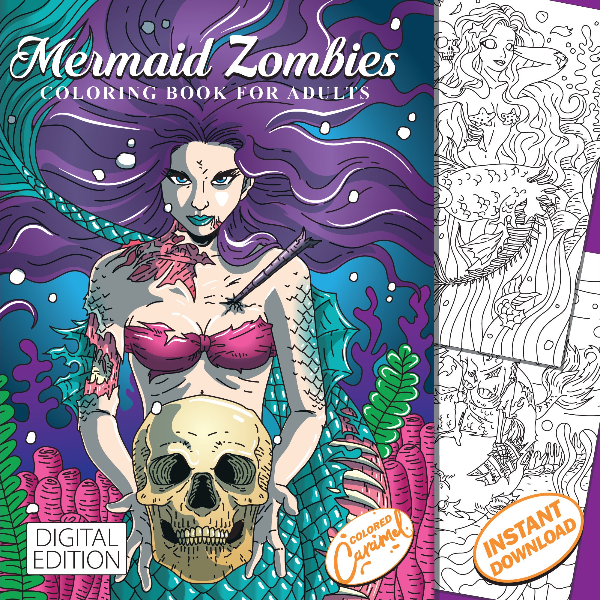 Mermaid Zombies Adults Coloring Book, Beautiful and Creepy Instant Download Printable PDF Colorable Pages, Fun Stress-Relief Relaxing Hobby