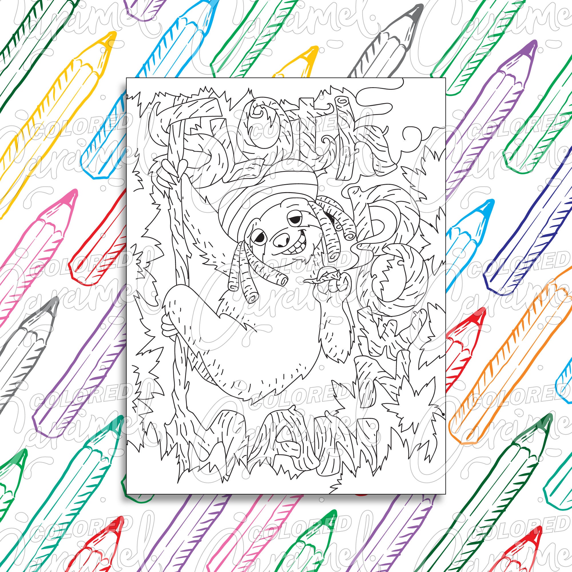 Stoner Coloring Page Digital Download PDF, Trippy, Funny and Cool Monkey Smoking Weed, Printable Psychedelic Drawing & Illustration