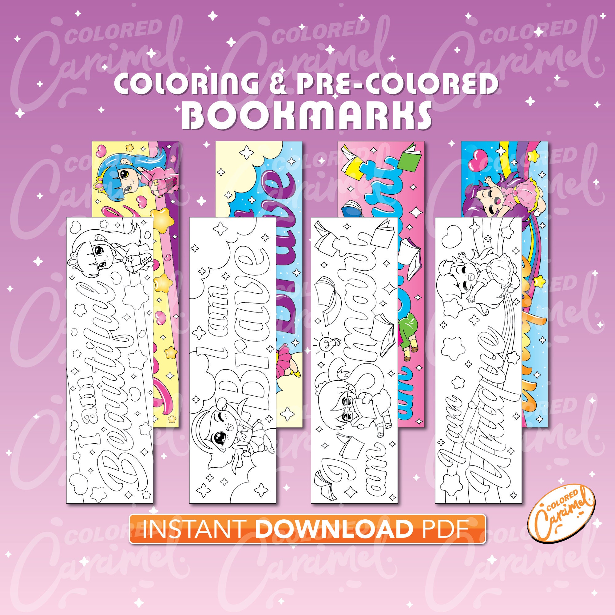 Kawaii Chibi Girls Coloring Bookmarks, Printables Instant Digital Download PDF, Set of Colorable, Colorful DIY Make Your Own Book Marker