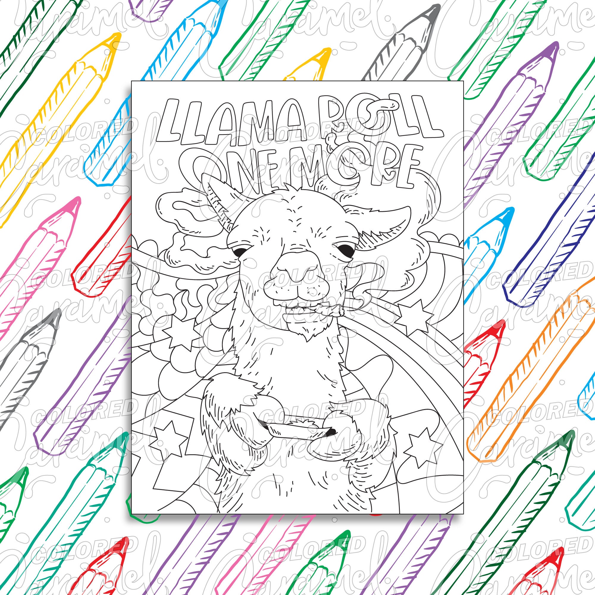 Stoner Coloring Page Digital Download PDF, Trippy, Funny and Cool Llama Smoking Weed, Printable Psychedelic Drawing & Illustration