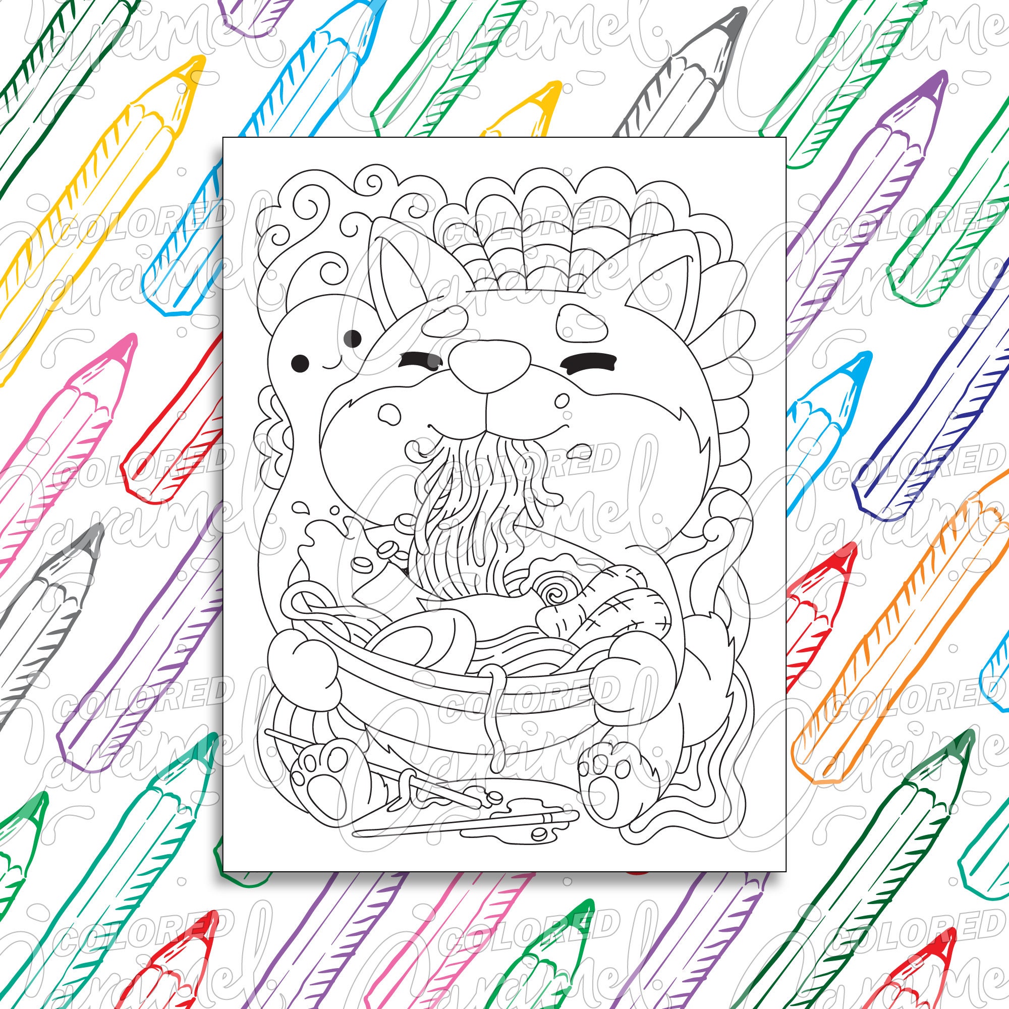 Kawaii Coloring Page Digital Download PDF with Funny Dog Eating Ramen Noodles Japanese Inspired Drawing & Illustration