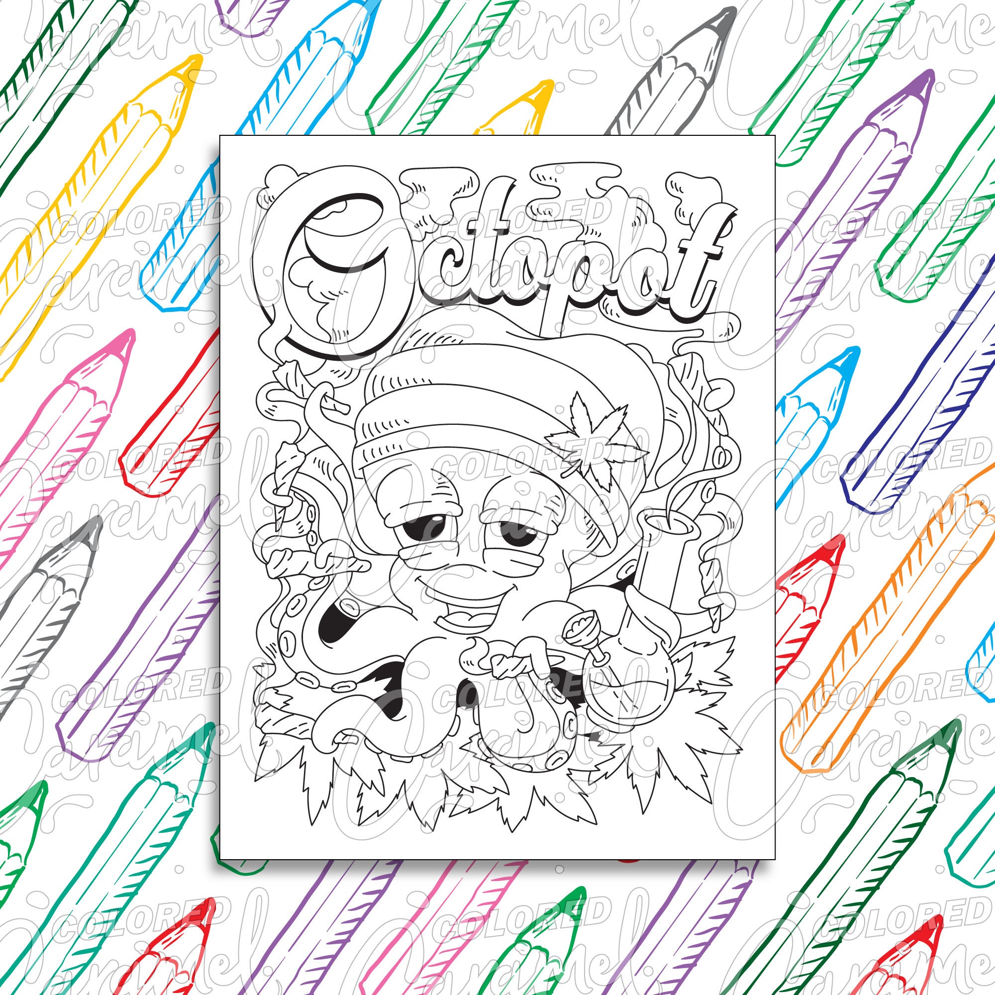 Stoner Coloring Page Digital Download PDF, Trippy, Funny and Cool Octopus Smoking Weed, Printable Psychedelic Drawing & Illustration