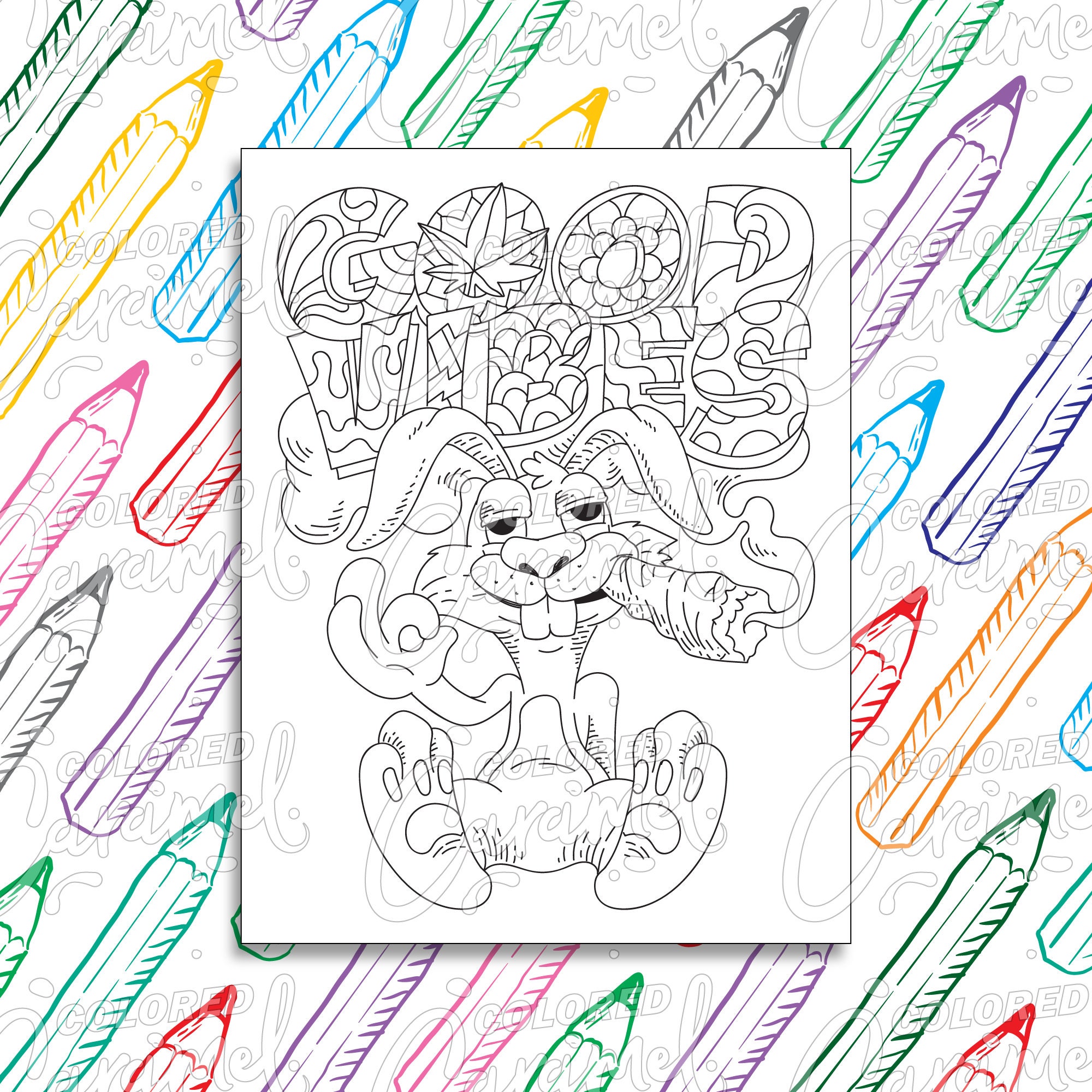 Stoner Coloring Page Digital Download PDF, Trippy, Funny and Cool Rabbit Bunny Smoking Weed, Printable Psychedelic Drawing & Illustration