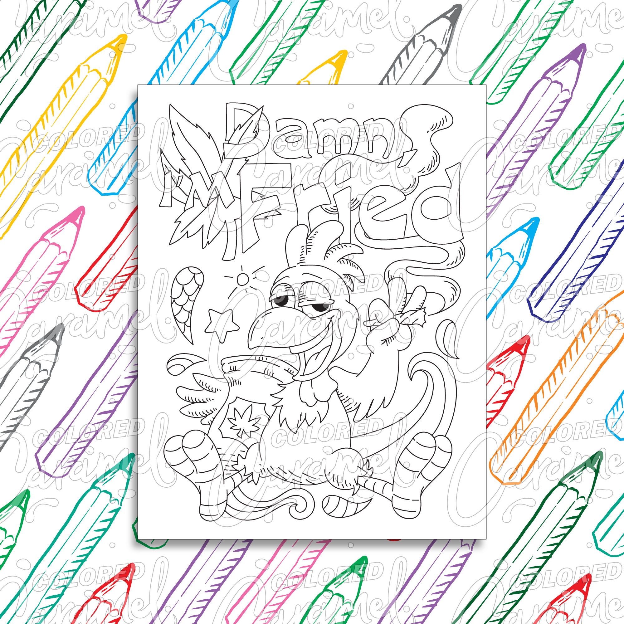 Stoner Coloring Page Digital Download PDF, Trippy, Funny and Cool Chicken Smoking Weed, Printable Psychedelic Drawing & Illustration