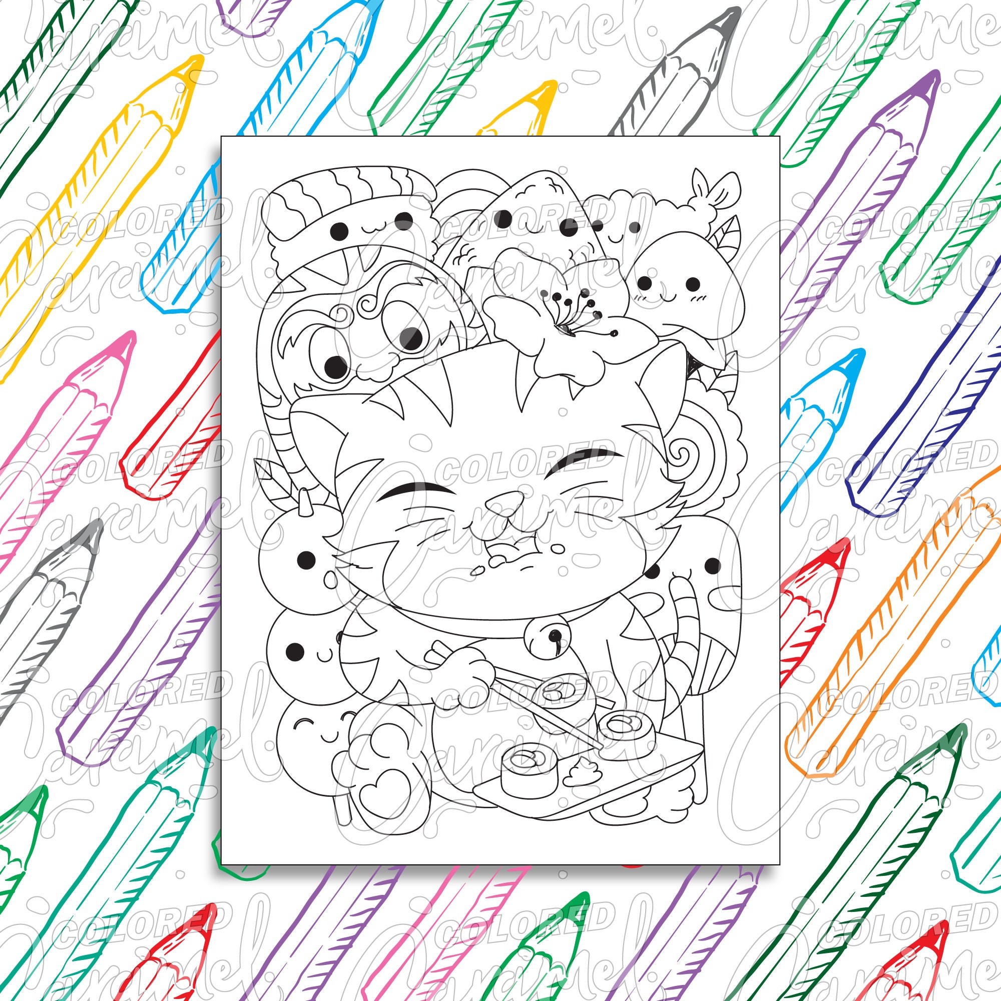 Kawaii Coloring Page Digital Download PDF with Japanese Maneki Neko Lucky Cat Eating Sushi Beautiful Drawing & Illustration Doodle