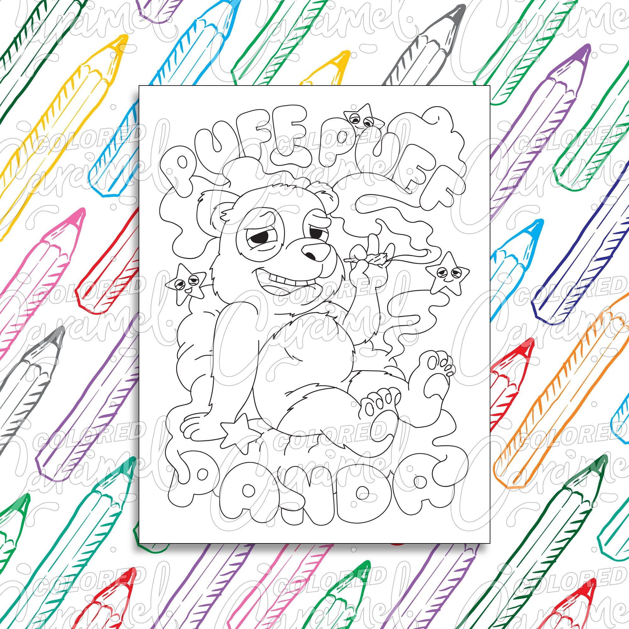 Stoner Coloring Page Digital Download PDF, Trippy, Funny and Cool Bear Smoking Weed, Printable Psychedelic Drawing & Illustration