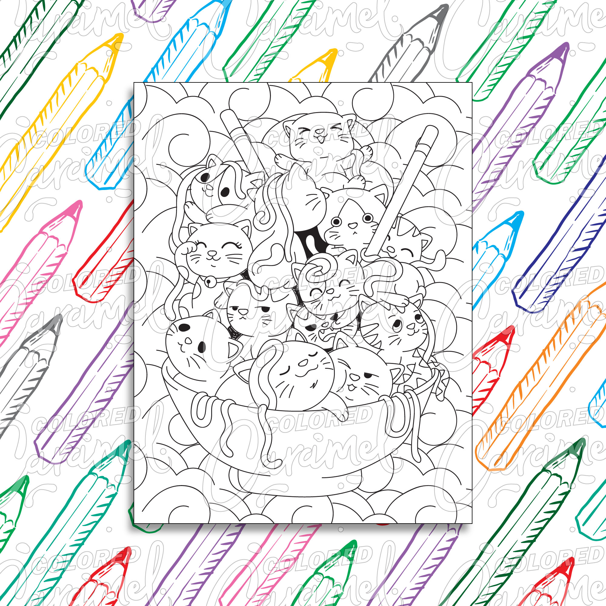 Kawaii Coloring Page Digital Download PDF with Cute Cats in Ramen Noodle Bowl Beautiful Japanese Inspired Drawing & Illustration