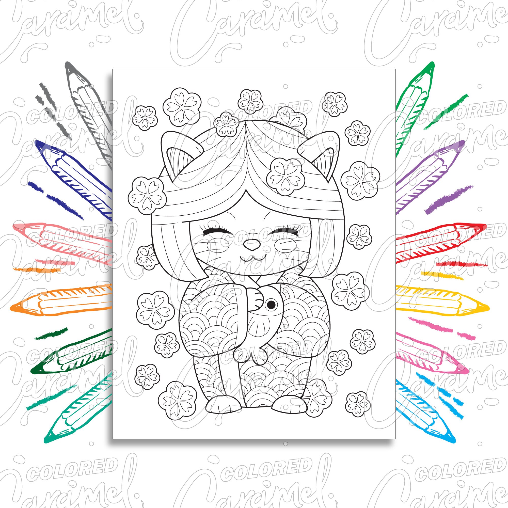 Kawaii Coloring Page Digital Download PDF with Japanese Kokeshi Geisha Neko Cat Doll and Sakura Cherry Blossom Flowers