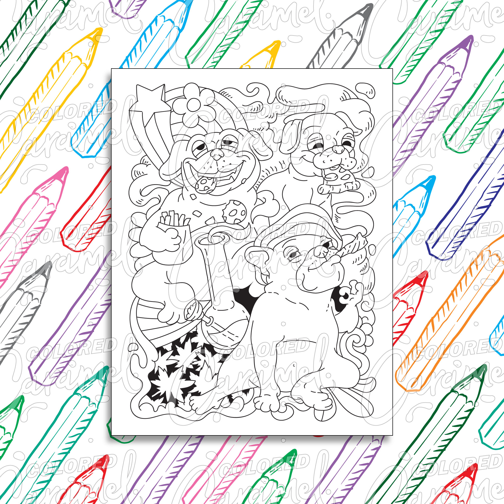 Stoner Coloring Page Digital Download PDF, Trippy, Funny and Cute Pug Dogs Smoking Weed, Printable Psychedelic Drawing & Illustration