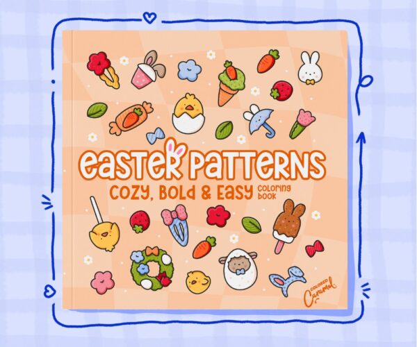 Colorful Easter egg and spring flower patterns on a cozy adult coloring book cover with hand-drawn designs