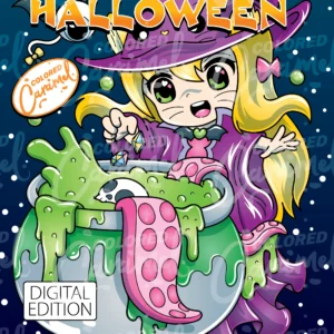 Cover of the Chibi Girls Halloween Kawaii Coloring Book featuring a cute witch stirring a magical cauldron.