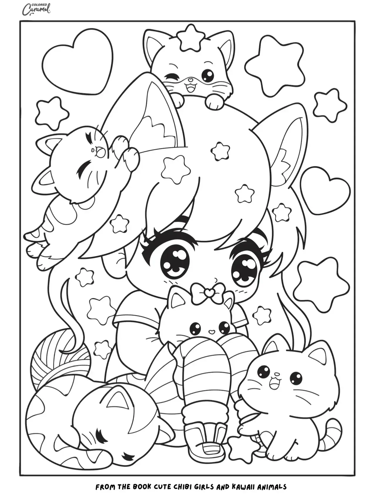 Sweet kawaii chibi girl surrounded by playful kittens and stars.