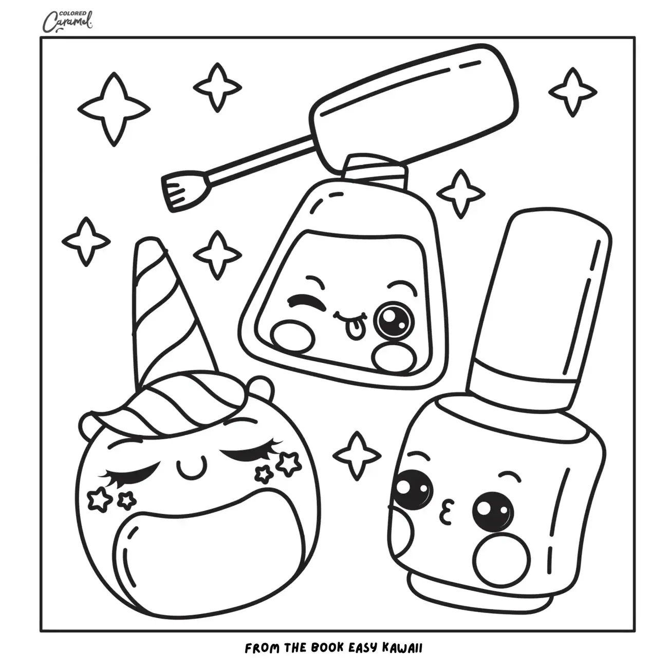 Cute kawaii nail polish bottles and smiling unicorn makeup design.